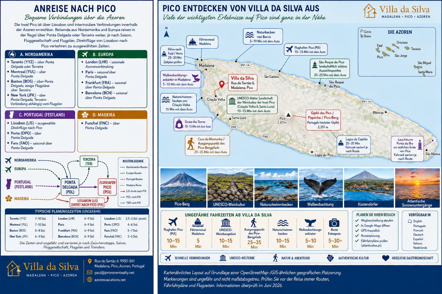 Villa da Silva Reisekarte mit Routen nach Pico und nahen Erlebnissen ab Madalena